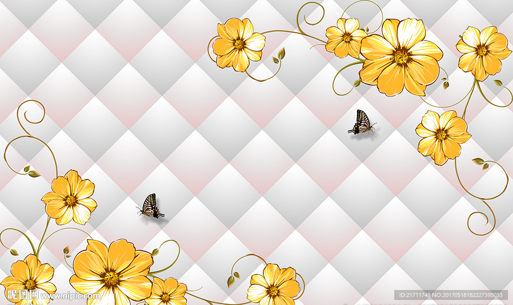 现代金色花卉梦幻软包电视背景墙