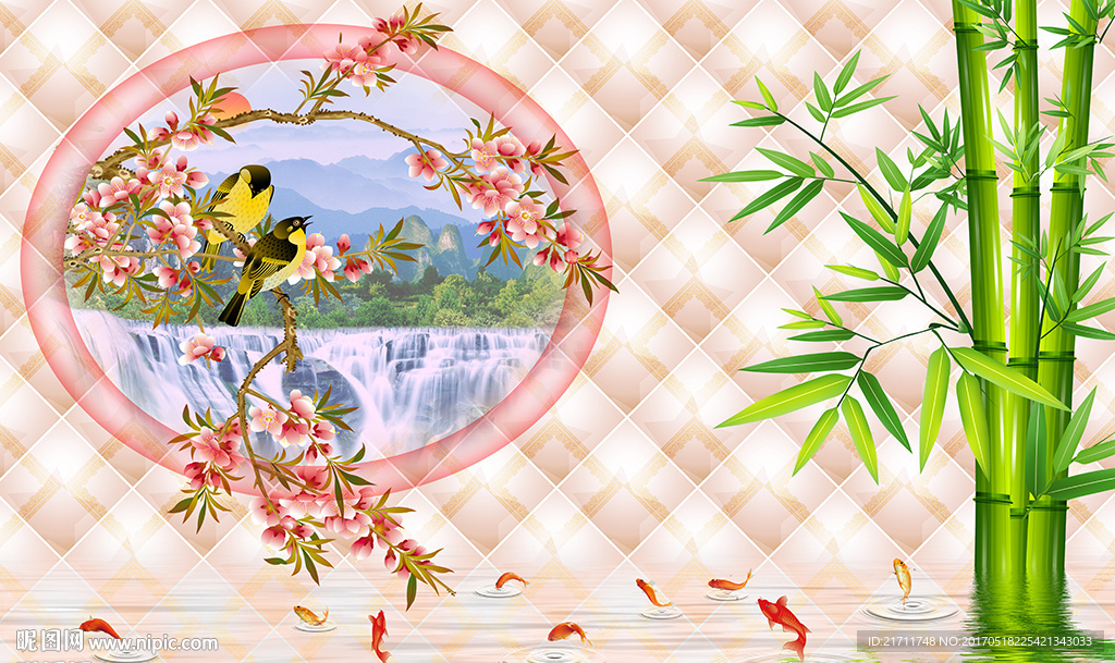 中式竹子桃花小鸟电视背景墙