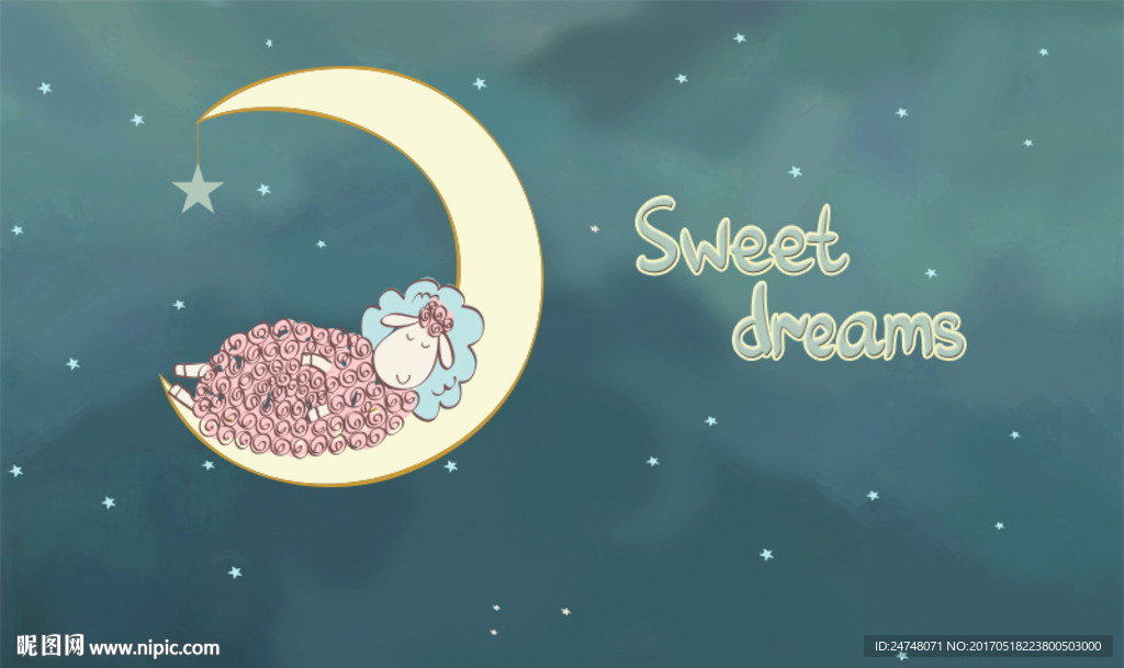 月亮上熟睡的卡通绵羊宝宝