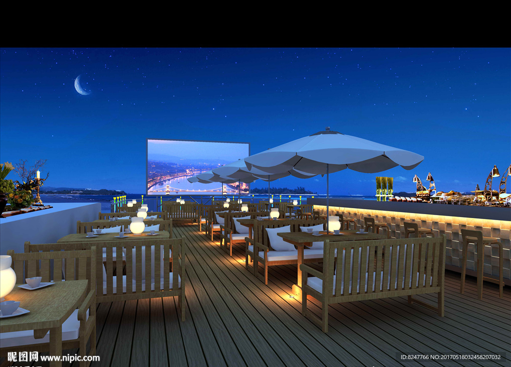 海水咖啡馆夜景建筑效果图