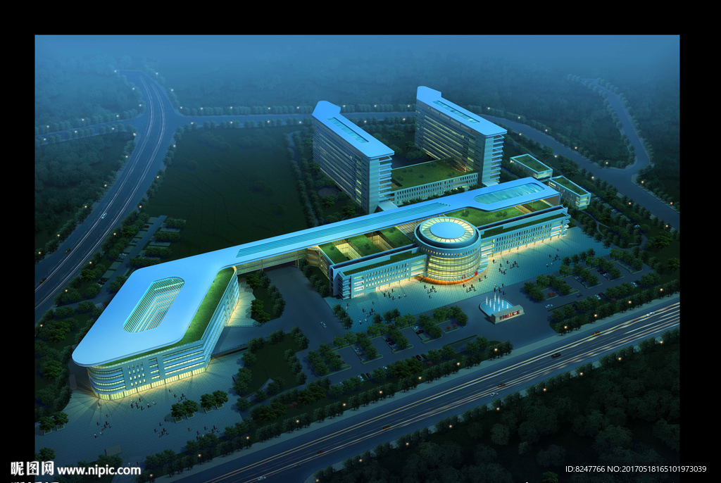 大型超市夜景鸟瞰建筑效果图