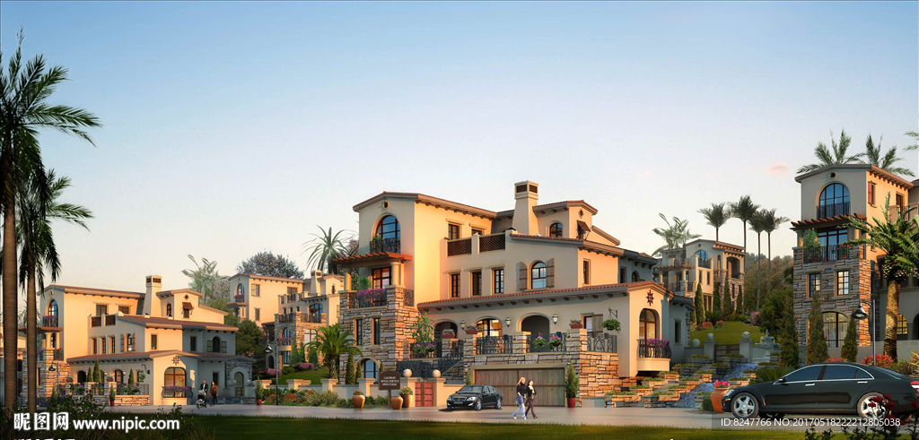 小山坡别墅群黄昏景观效果图