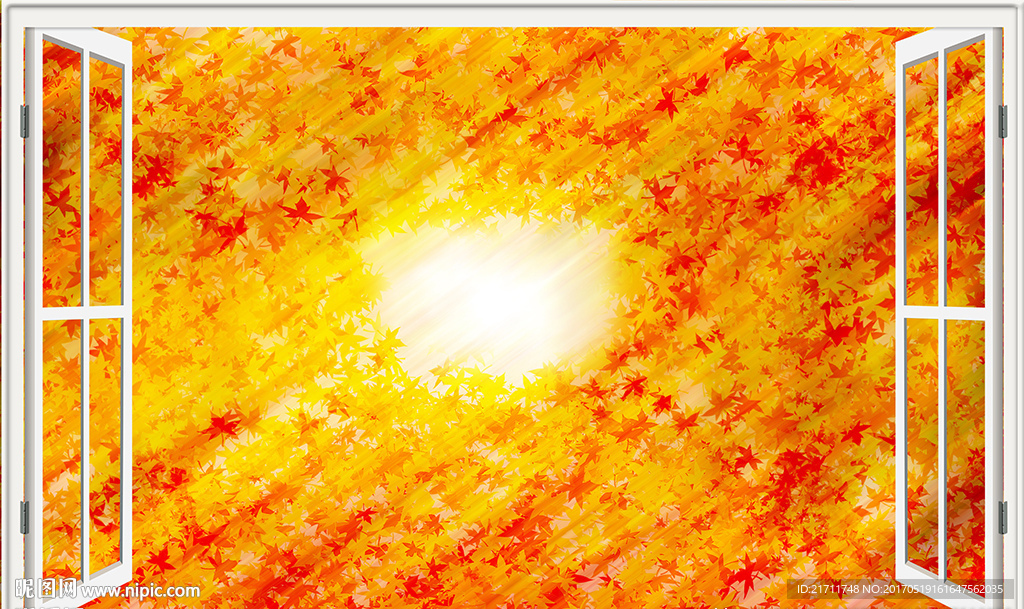 窗外枫叶梦幻花卉电视背景墙