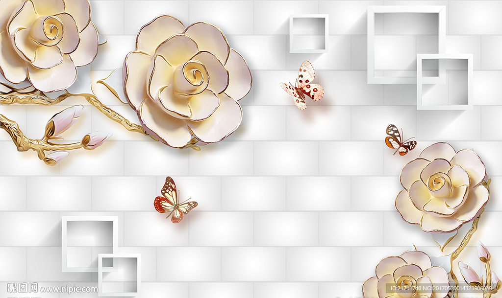 简约砖墙木雕玫瑰电视背景墙