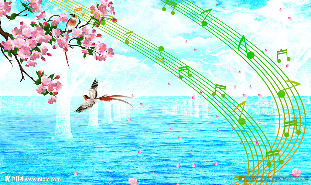 现代桃花梦幻音符电视背景墙