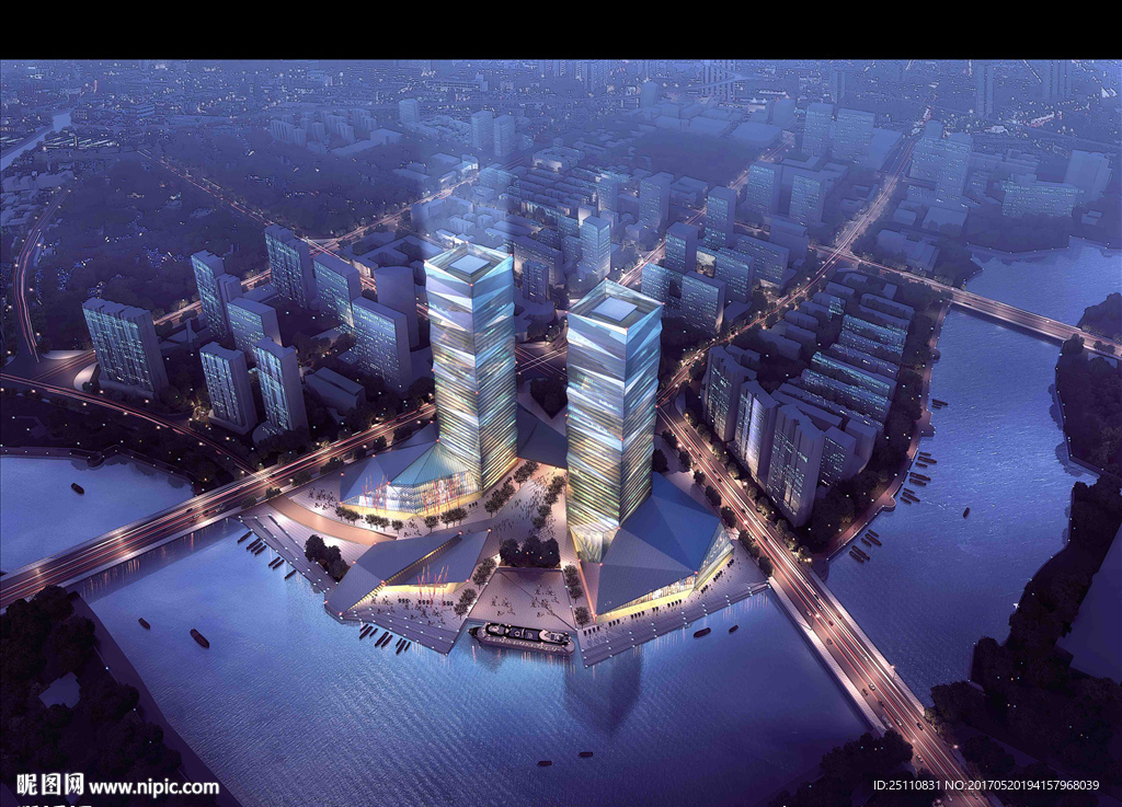 鸟瞰城市规划河流景观设计图