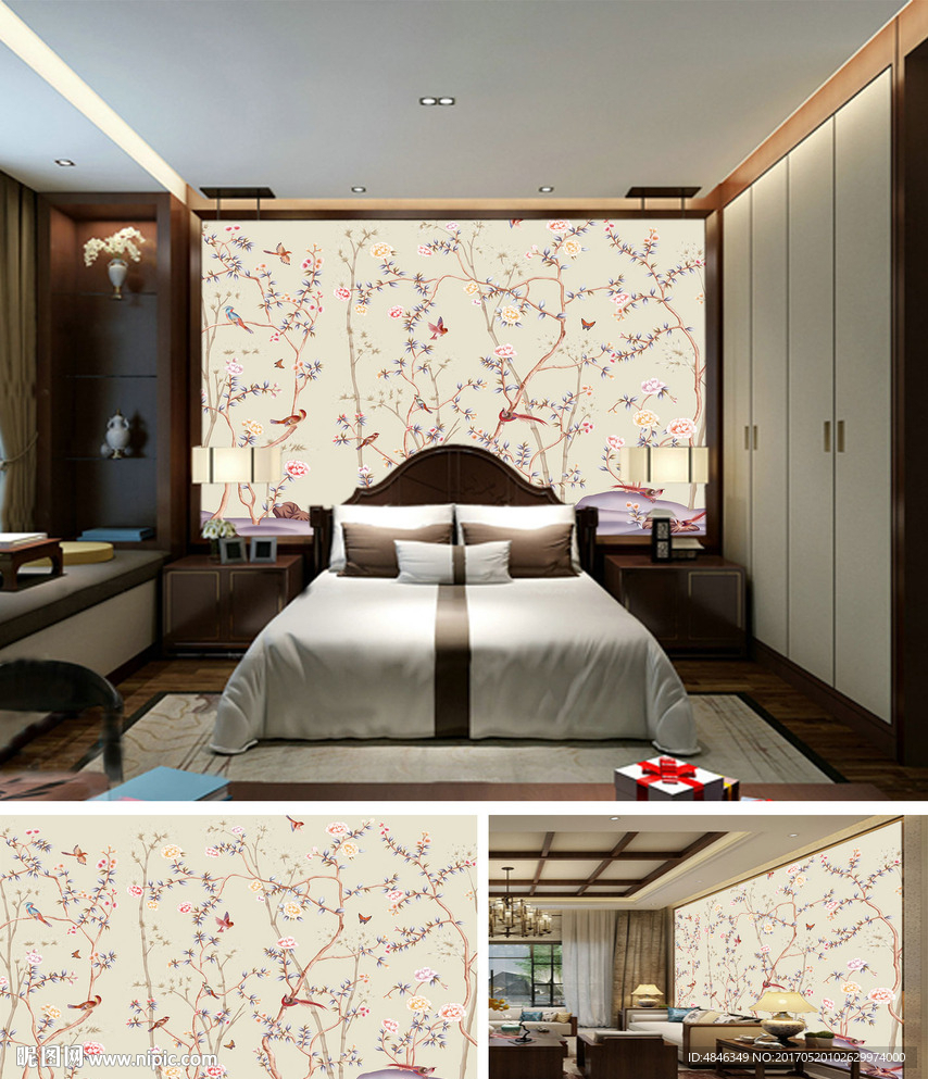 手绘花鸟梅花新中式背景墙