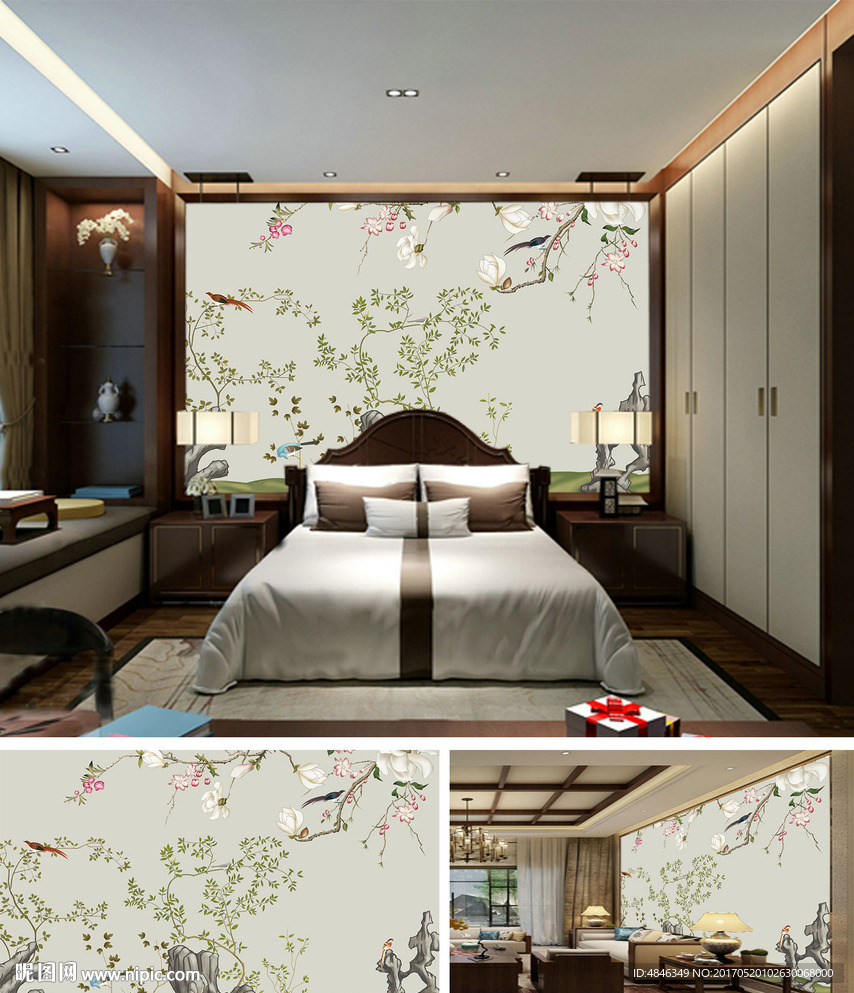 手绘花鸟新中式背景墙