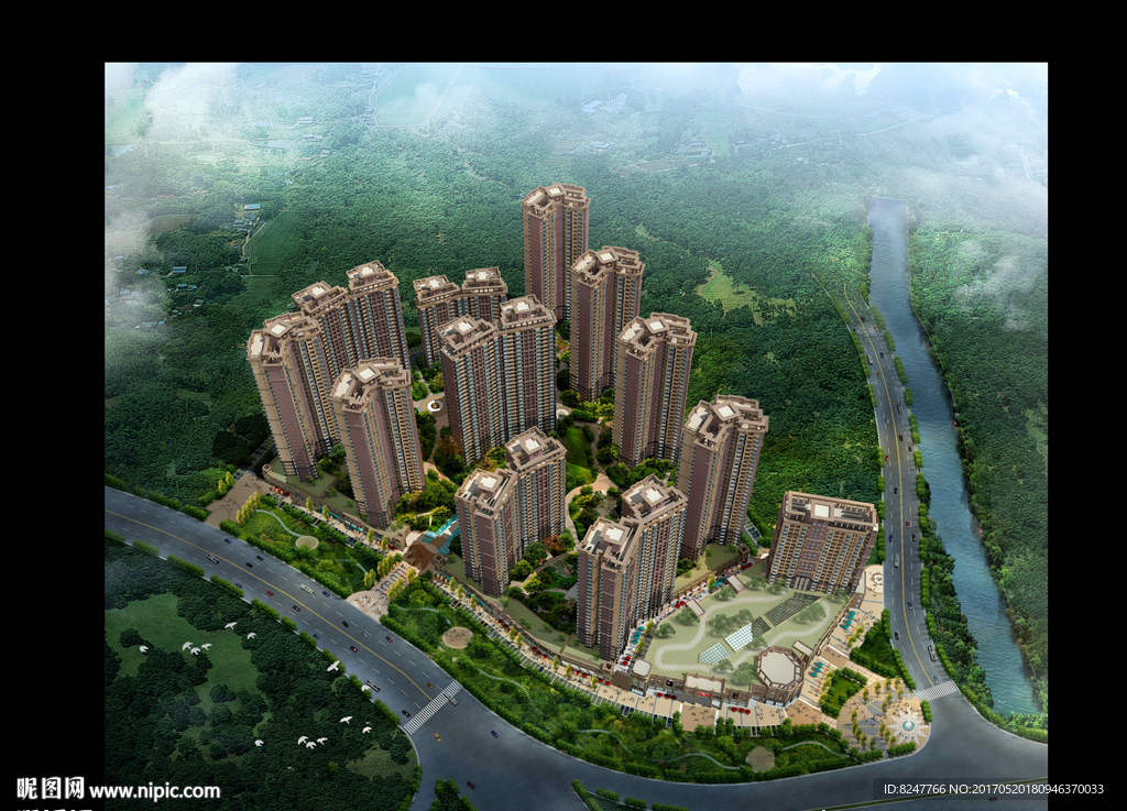 高层住宅区鸟瞰建筑效果图