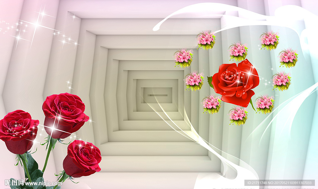 现代玫瑰3D梦幻空间电视背景墙