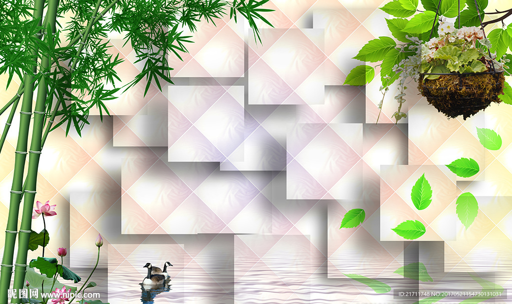 现代竹子软包花篮电视背景墙