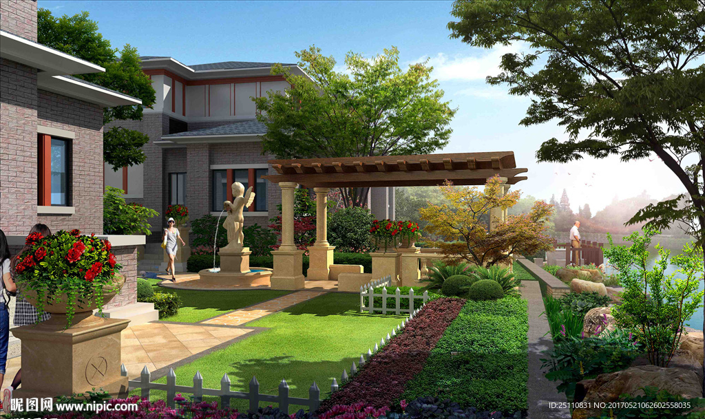 别墅看水平台庭院廊架图