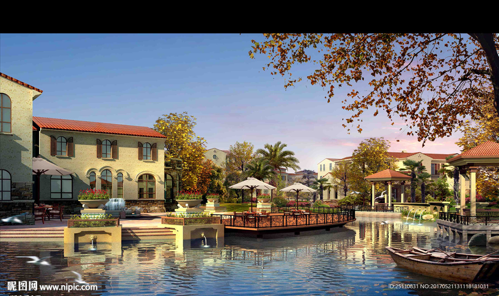 别墅看水平台水景木舟景观图