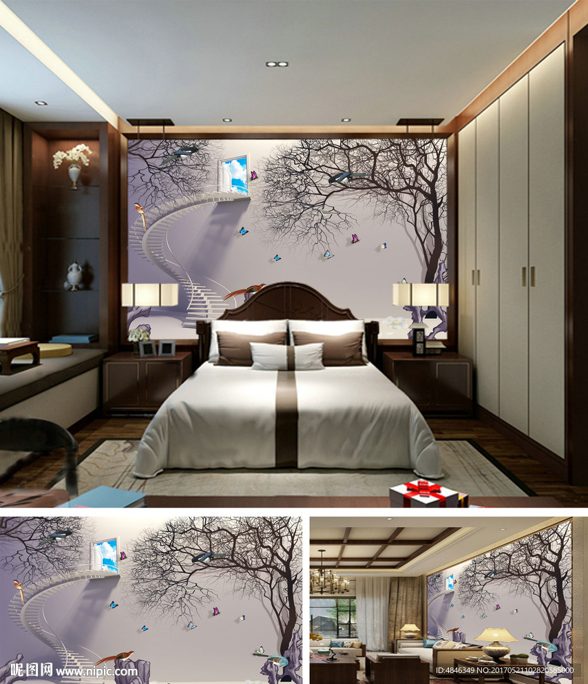 淡雅森林飞鸟3D电视背景墙