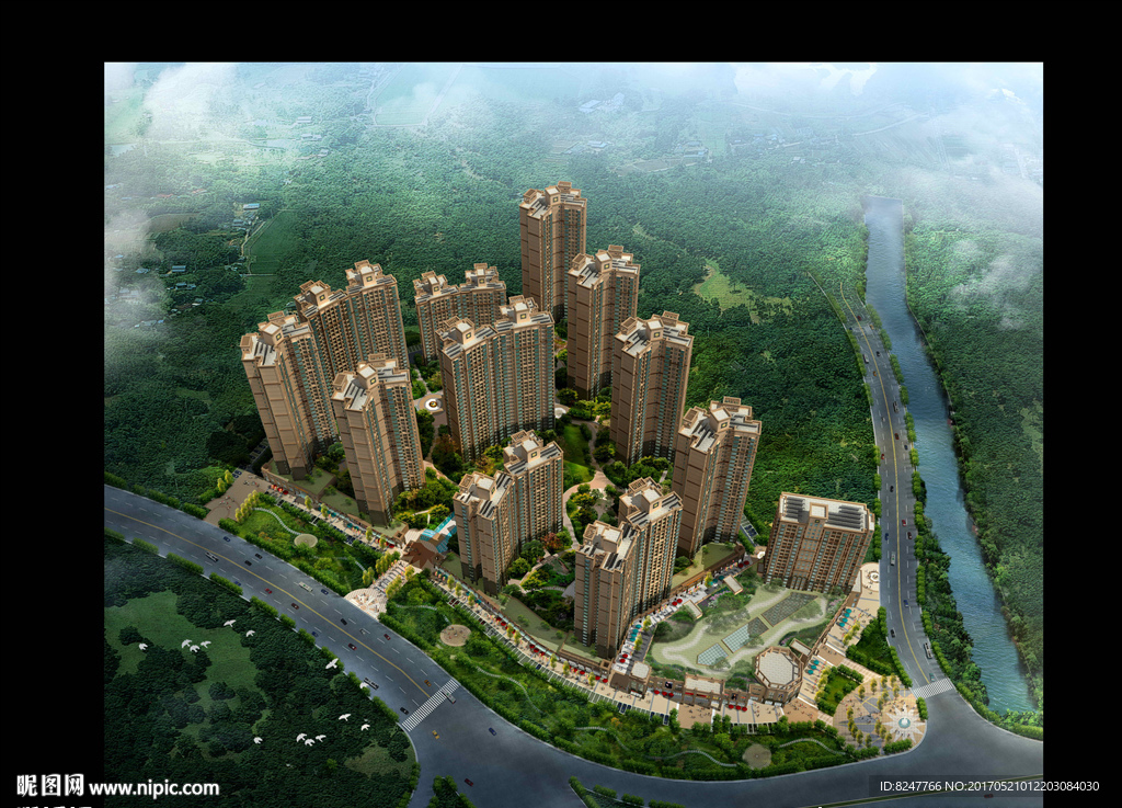 高层住宅区鸟瞰建筑效果图