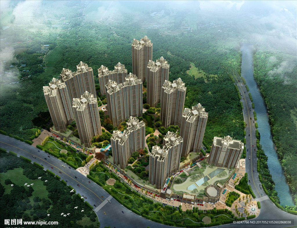 住宅区鸟瞰建筑效果图