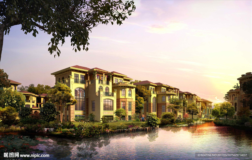 别墅黄昏建筑效果图