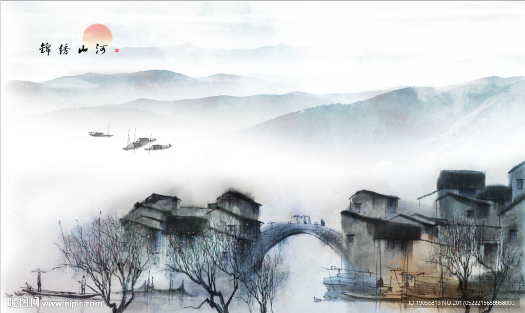 水墨山水江南小镇背景墙