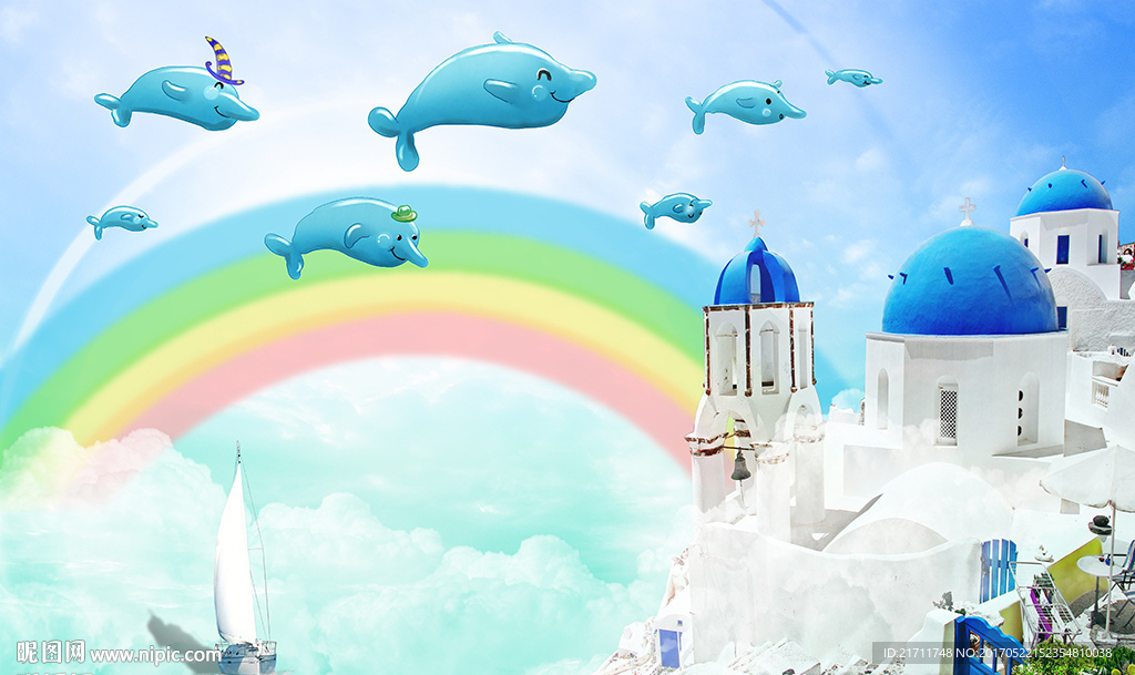 儿童卡通蓝天白云彩虹城堡背景墙