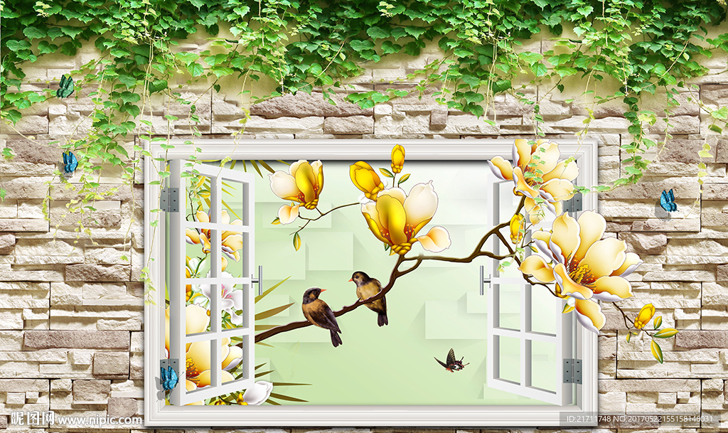 绿色花藤文化墙中式玉兰电视背景