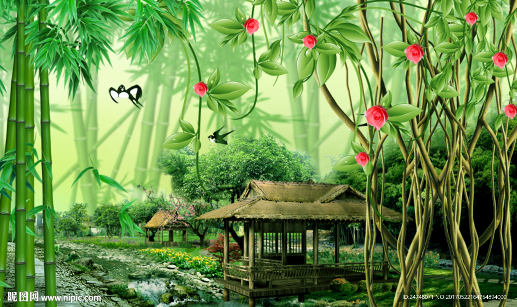 唯美绿色竹林小屋3d立体风景设计图
