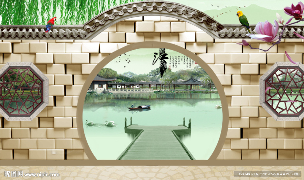 中式风格忆江南3D立体背景墙