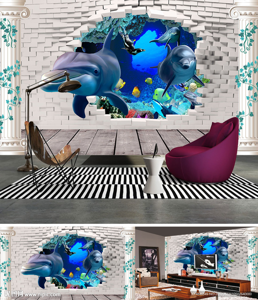3D立体海底世界海豚电视背景墙