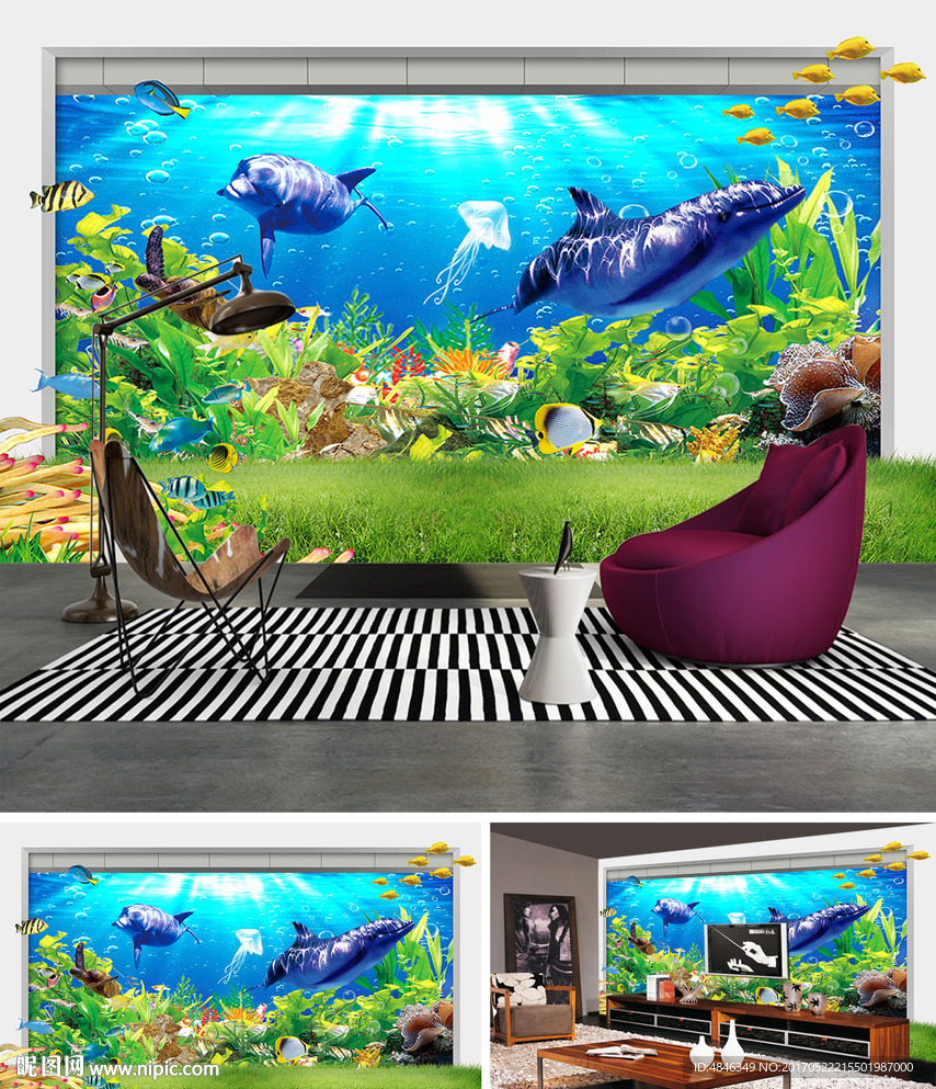3D立体海底世界海豚电视背景墙