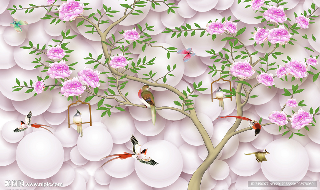 花鸟树鹅卵石立体背景墙