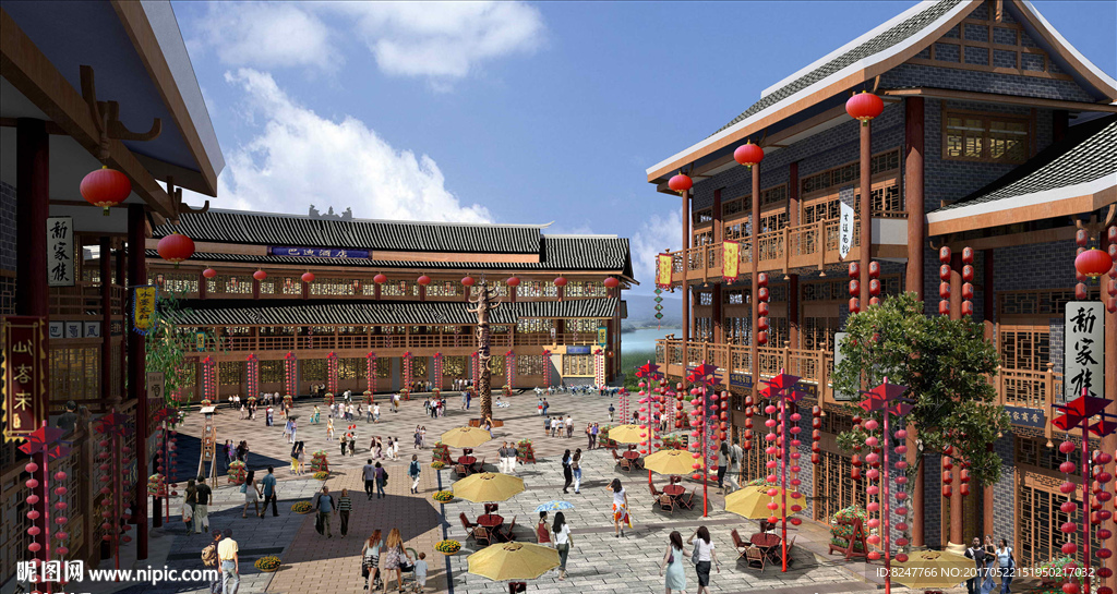 古镇商业街鸟瞰建筑效果图
