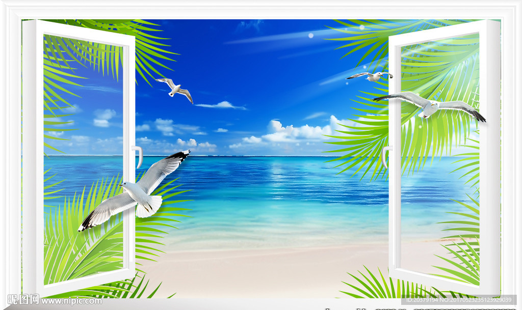 3D海景椰子树沙滩窗户