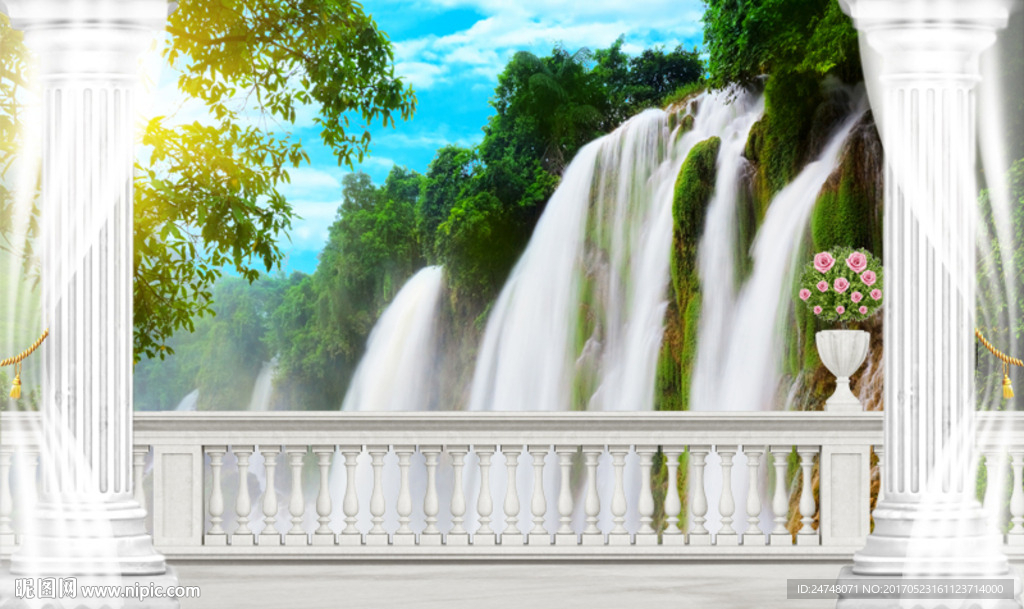 立体3D罗马柱阳台瀑布唯美风景