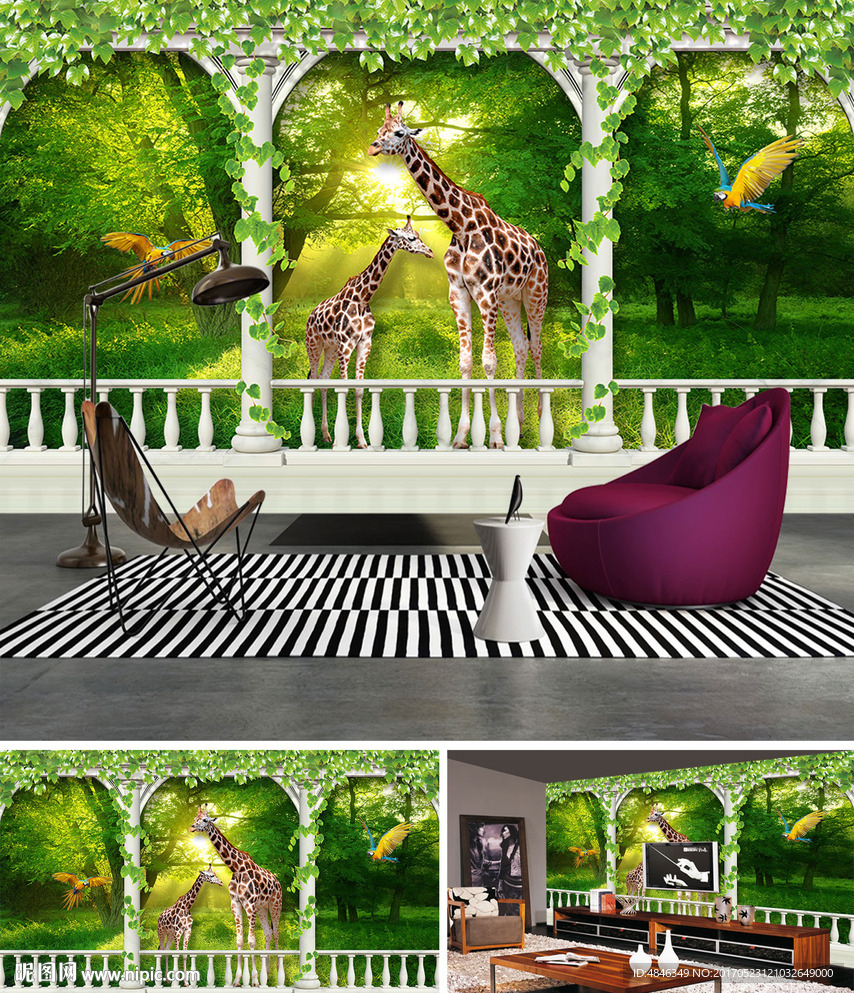 3D风景画森林鹿立体树林背景墙