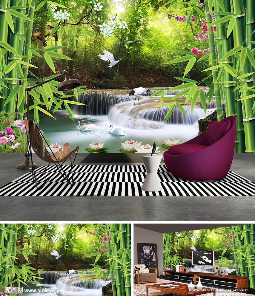竹林流水风景背景墙