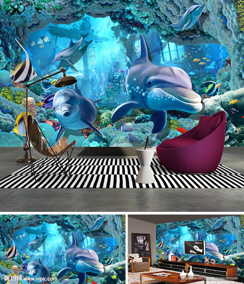 3D立体海底世界海豚电视背景墙