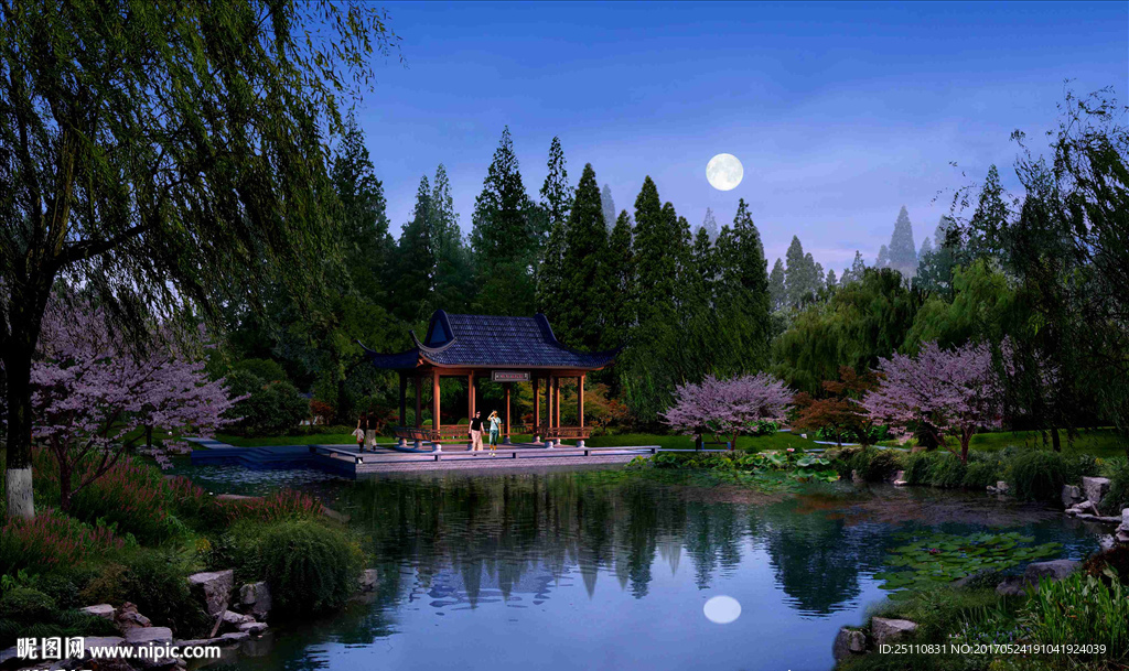 中秋节赏月夏天清风凉亭夜景图