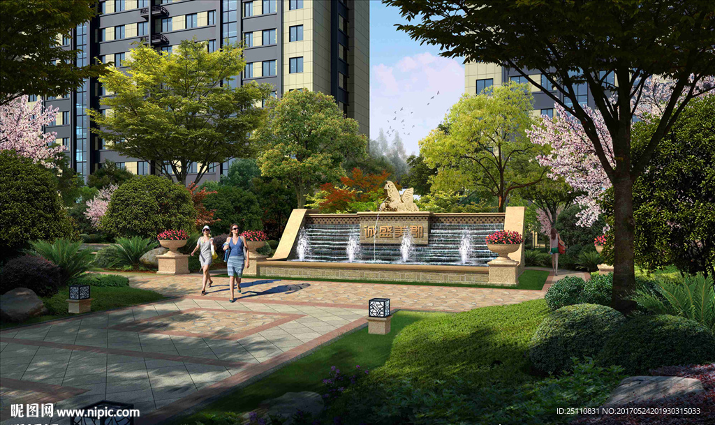 叠水流水水池景观入口效果图