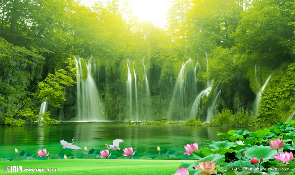 绿色森林瀑布草地清新唯美风景