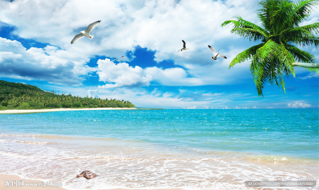 蓝天白云大海沙滩椰树海鸥海景图片