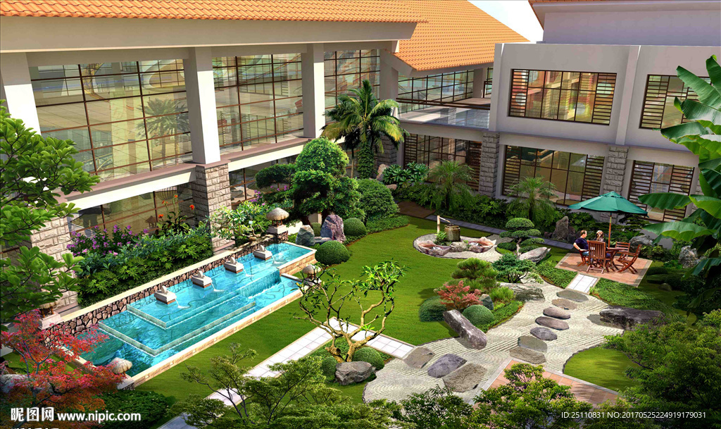 庭院鹅卵石叠水水池景观图