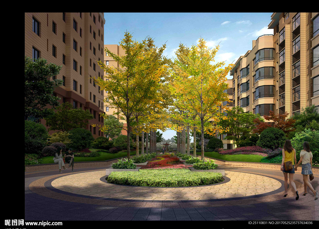 小区圆形铺地花池景观图