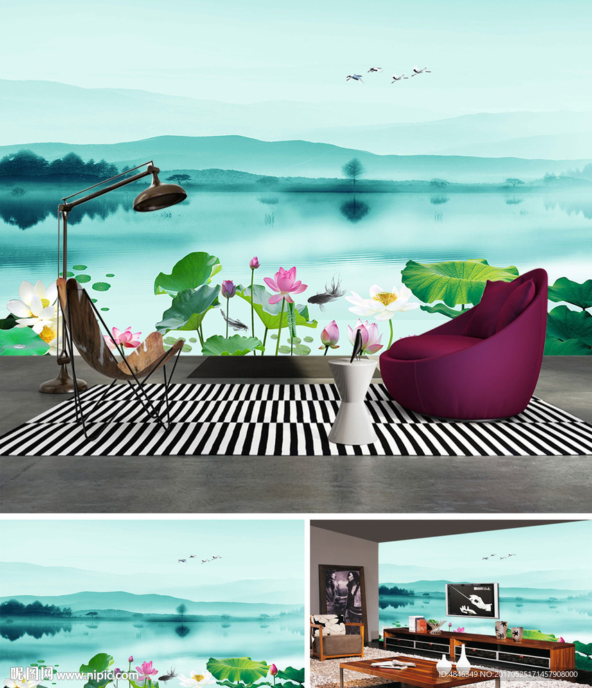 荷花风景画中式山水背景墙壁画