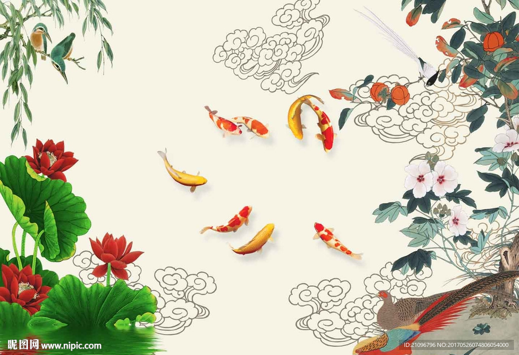 电视背景墙 花鸟 荷花
