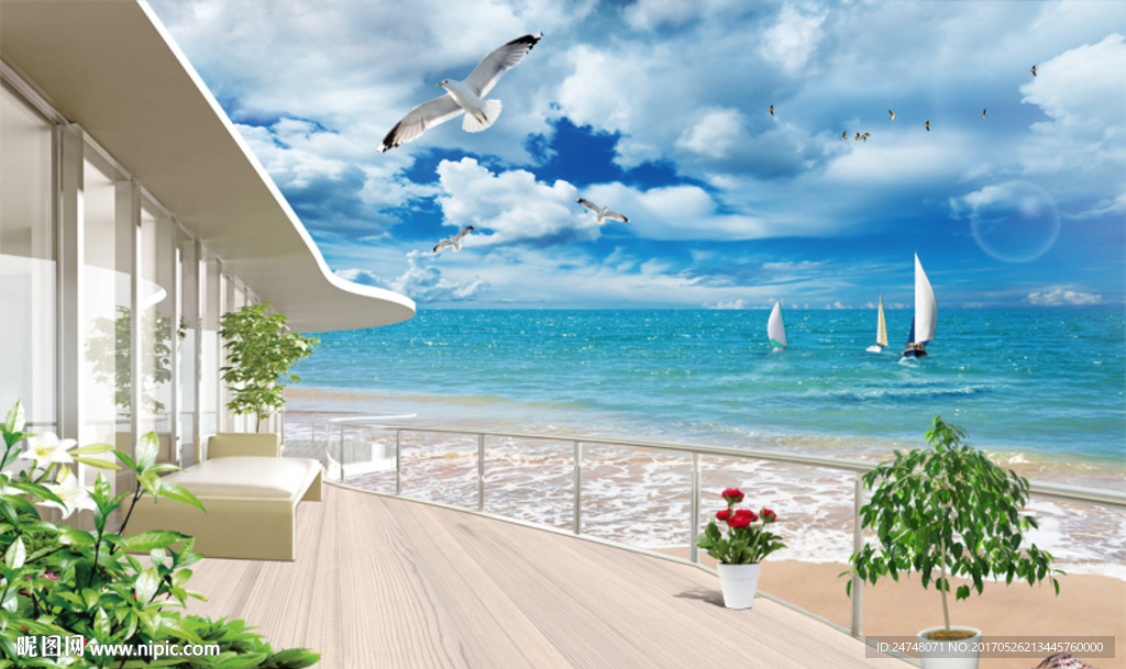 3D立体阳台大海唯美海边风景