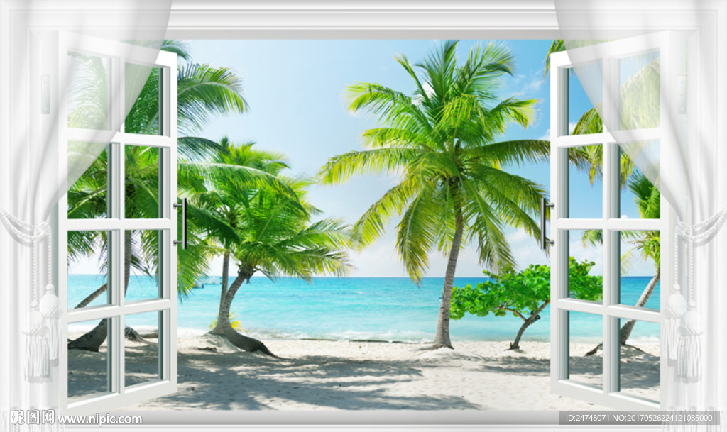 3D立体假窗海边沙滩椰树风景