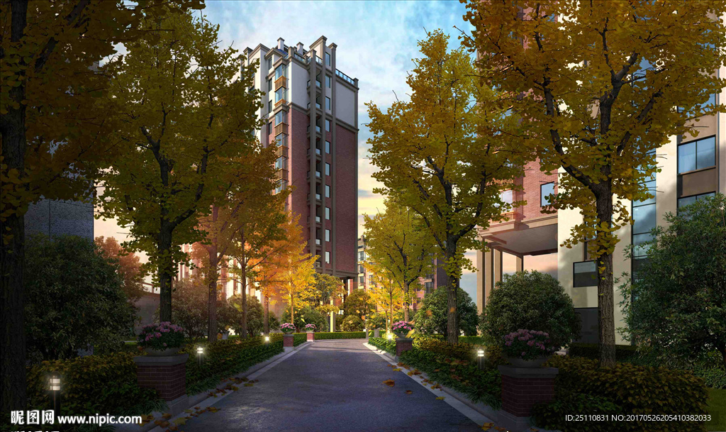 银杏树道路黄昏效果图