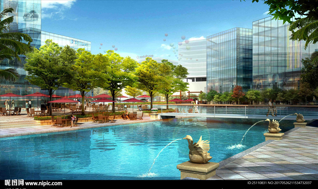 夏天游泳池水池景观图