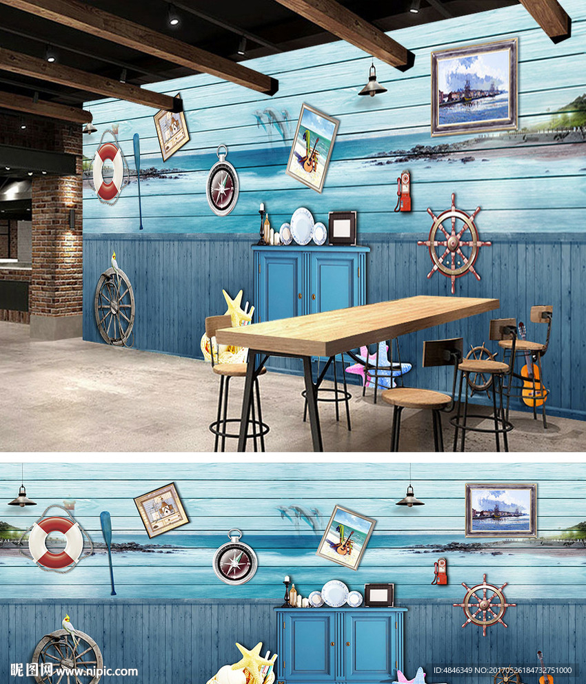 地中海风情航海船舱壁画背景墙