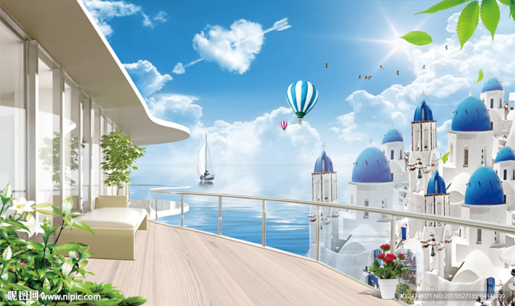 3D立体阳台圣托里尼爱琴海风景