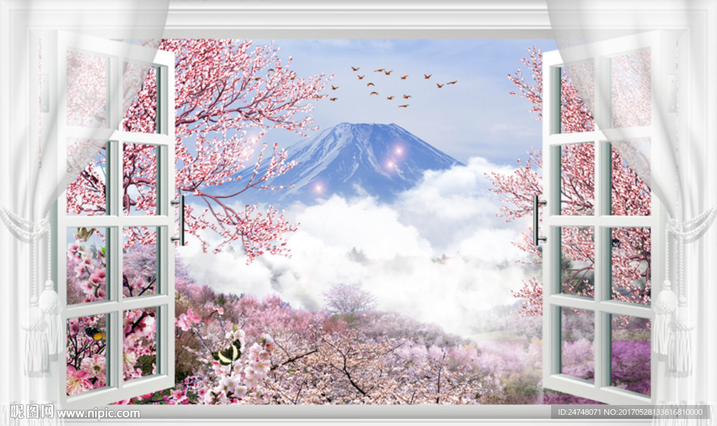 3D立体假窗富士山樱花唯美风景